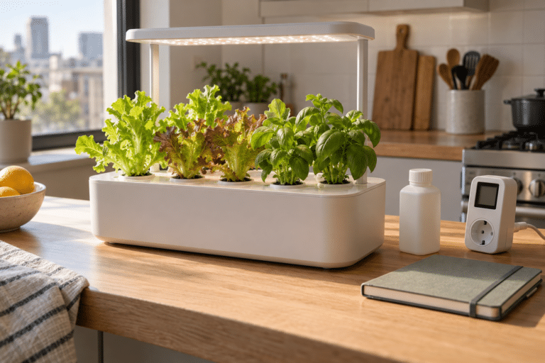 Huerto hidropónico de sobremesa con lechugas, albahaca y luz LED en una cocina.